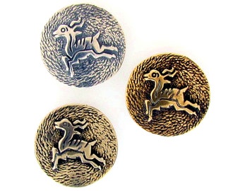 May include: Three round metal buttons with a stylized deer design. The buttons are in different finishes: silver, gold, and brass.