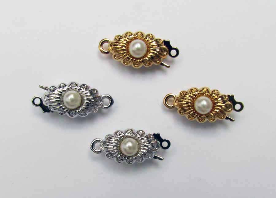 Jewelry Clasp, Gold Plated, One Strand, Rhodium, Inset Imitation Pearl, Fish Hook, Jewelry