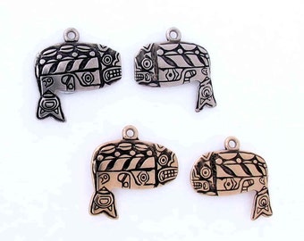 Whale Charm Pair that includes 1 LF and 1 RF piece with surface decorations of Northwest Coast design elements