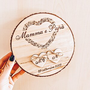 Portafedi in legno personalizzato, Tema musica, fetta di legno portafedi, incisione pirografo, fatto a mano, matrimonio, nozze