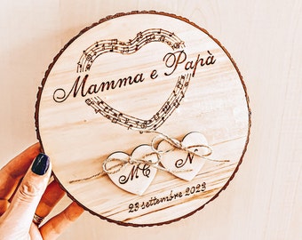 Portafedi in legno personalizzato, Tema musica, fetta di legno portafedi, incisione pirografo, fatto a mano, matrimonio, nozze