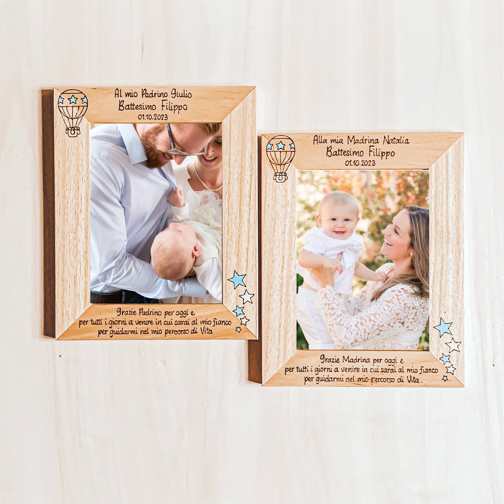 Set 2 Cornice portafoto con dedica, regalo madrina e padrino, battesimo, cresima, cornice legno personalizzaa - Italia