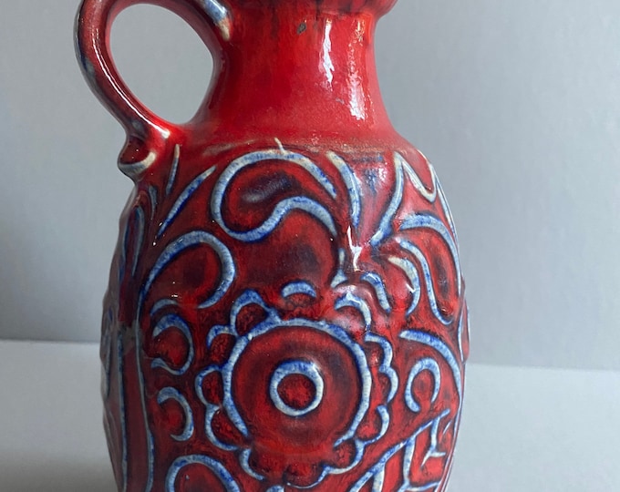 Bodo Mans? LAVA Vase West-Germany BAY KERAMIK Red Embossed Blue White Vintage Mid-Century 1970s Decor