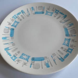 BLUE HEAVEN Dinner Plate Turquoise Gray Atomic Pattern Royal China Made in USA Diameter 10 1/8&quot; Vintage