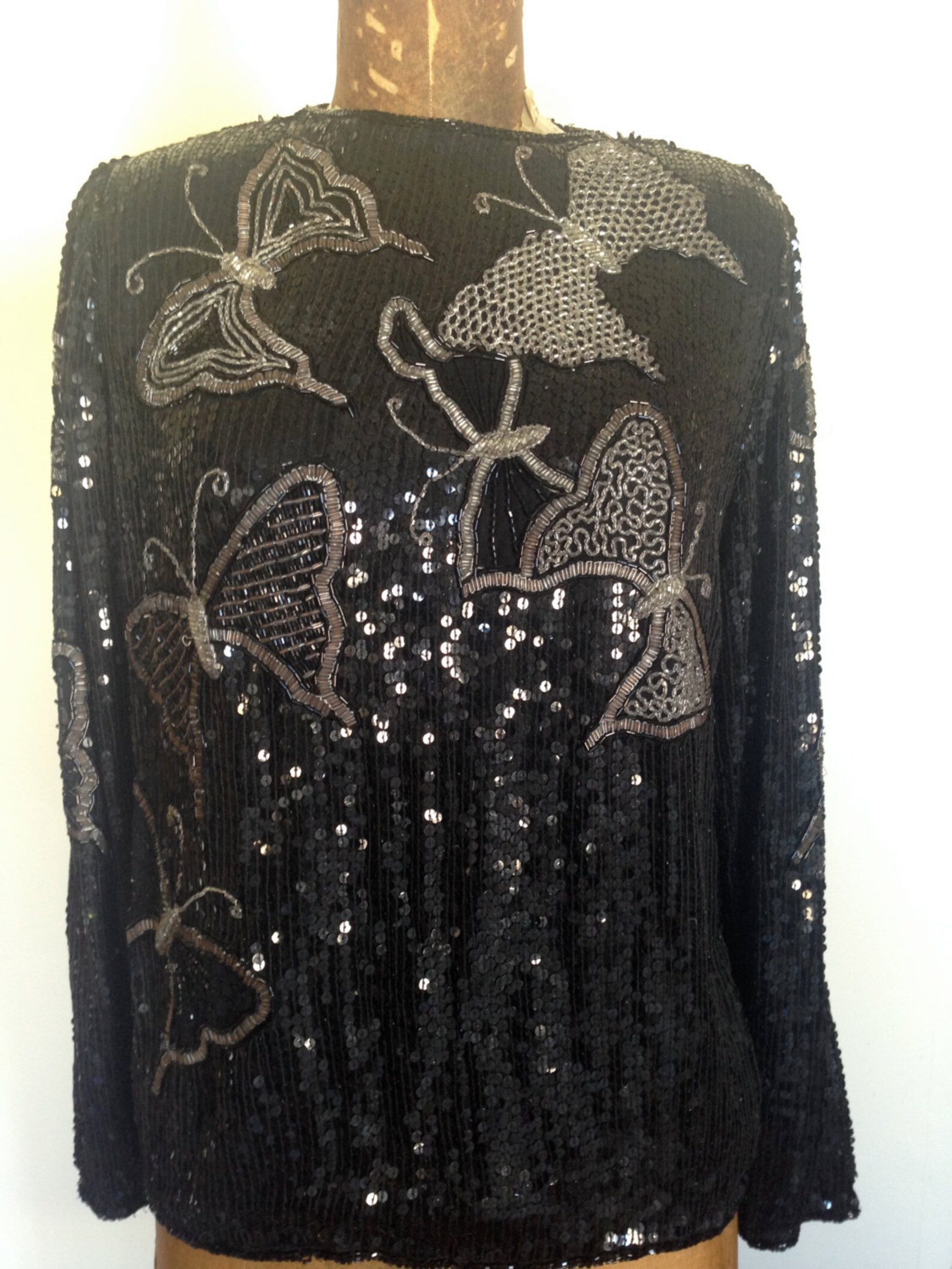 SEQUIN Blouse Judith Ann Black Silk With Butterflies Size | Etsy