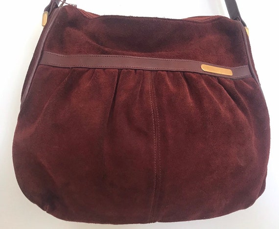 MAROON Handbag Bordeaux Red Suede Leather Metal E… - image 1