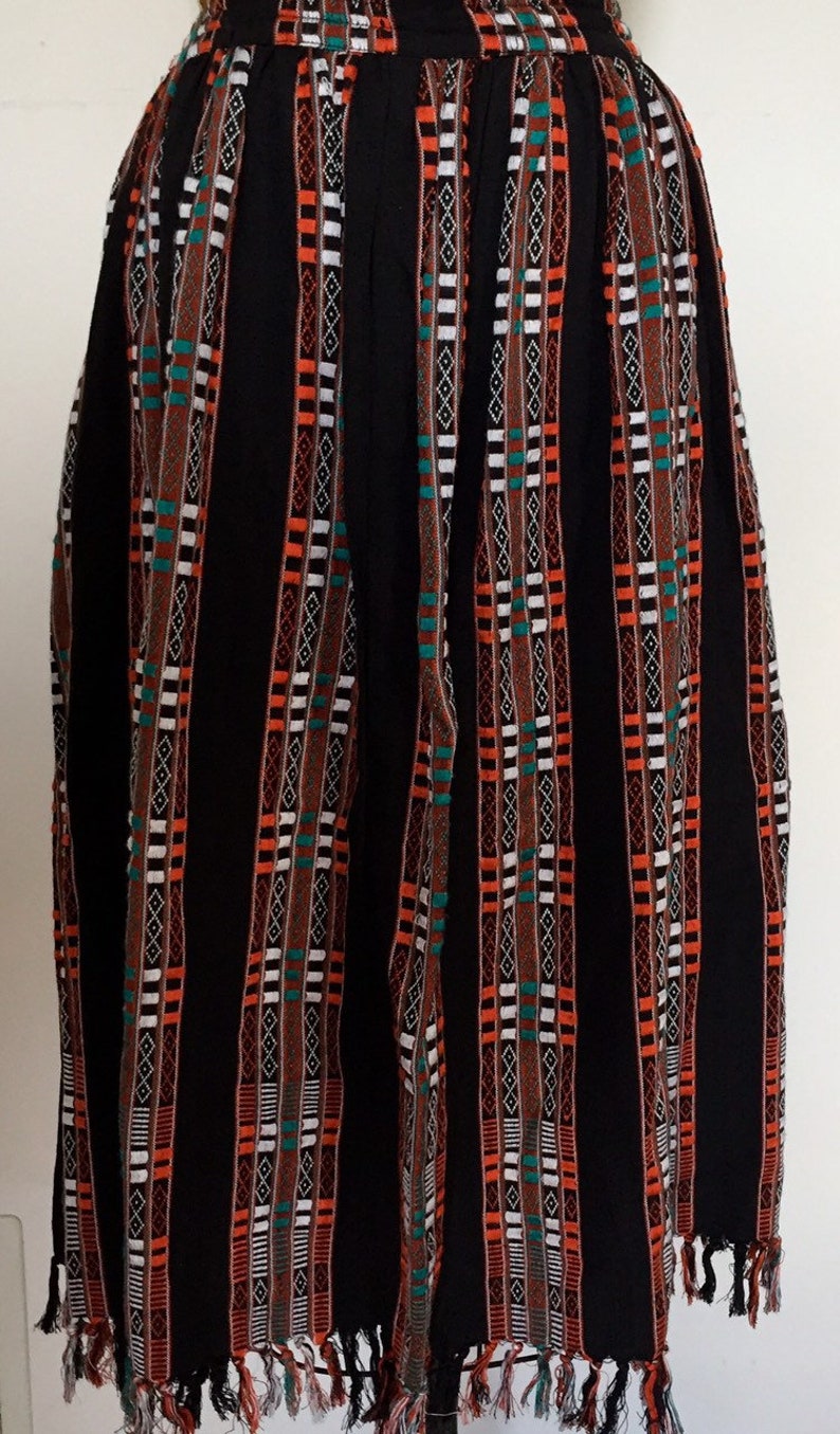 WOVEN INDIAN Skirt Supercraft Vertical Pattern Black Orange Red White Turquoise Size Medium Vintage
