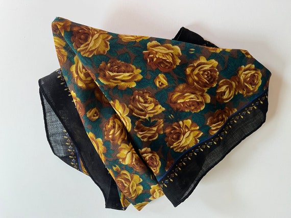 Wool Scarf ROSES Gold Green Brown Black Floral Pa… - image 5