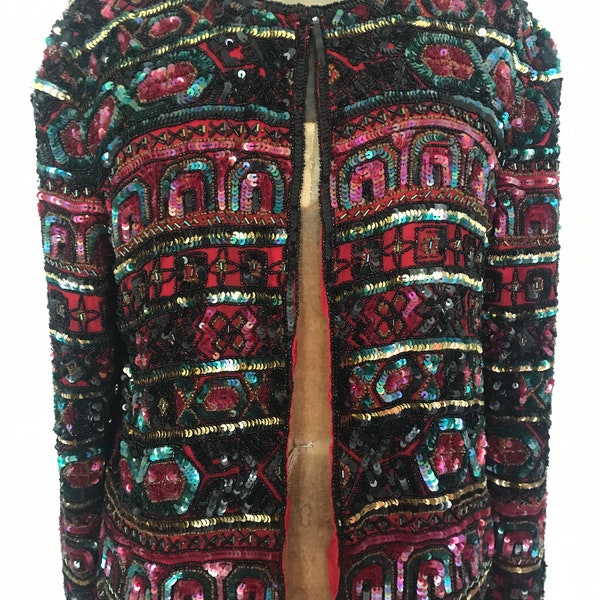 SEQUIN Jacket EVENING Silk PAPELL Boutique Black Red Green Gold Made in India Size Large Vintage