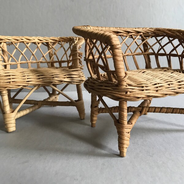 TOY WICKER Furniture Straw Colored Benches Doll House Furniture Set of Two Vintage Retro Toys