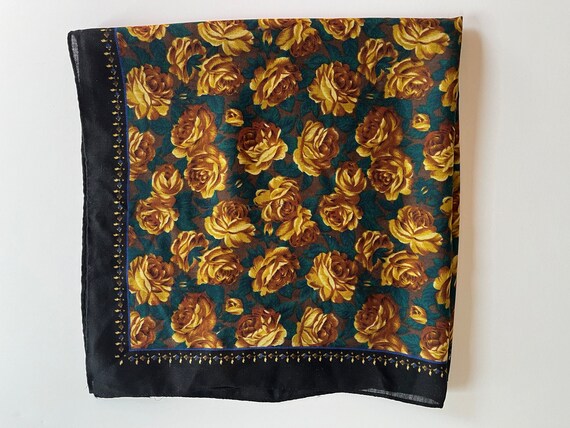 Wool Scarf ROSES Gold Green Brown Black Floral Pa… - image 6
