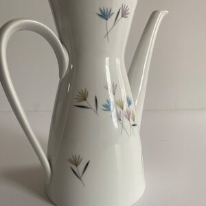 May include: White ceramic coffee pot with a slender spout and handle. The pot is decorated with delicate floral designs in pastel colors, including blue, yellow, and purple. The lid has a small loop handle. A classic piece for serving coffee.