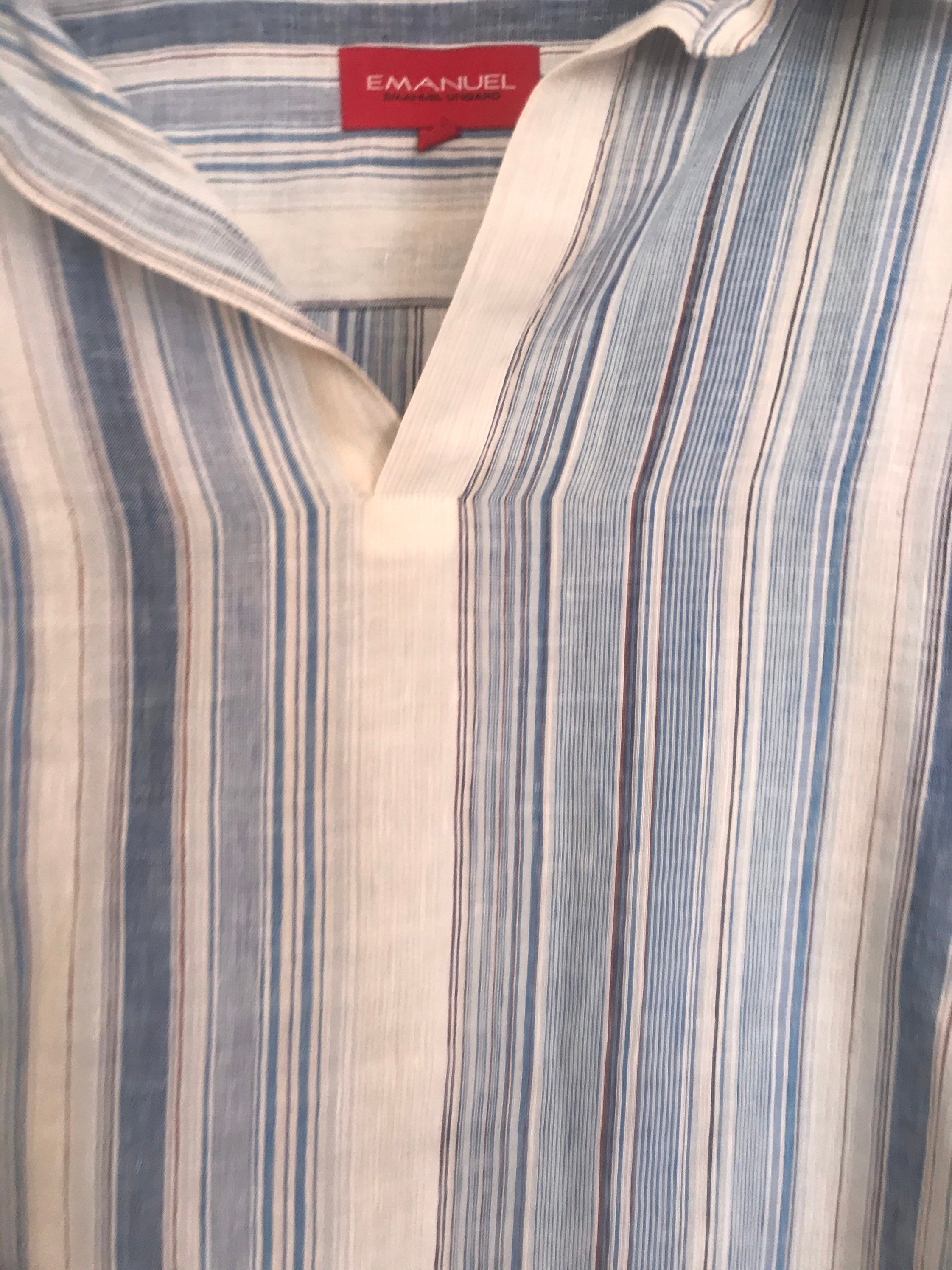 EMANUEL UNGARO Shirt Indian Kurta Style Linen Blue White
