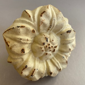 May include: A white cast iron flower-shaped knob with a distressed finish. The knob has a raised center with a smaller flower design.