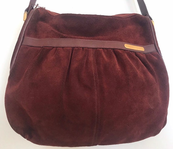 MAROON Handbag Bordeaux Red Suede Leather Metal E… - image 9