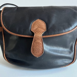CHARLES KLEIN Handbag Purse Black Leather Tan Accents Cross Body Made in Italy Vintage