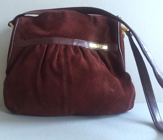 MAROON Handbag Bordeaux Red Suede Leather Metal E… - image 2
