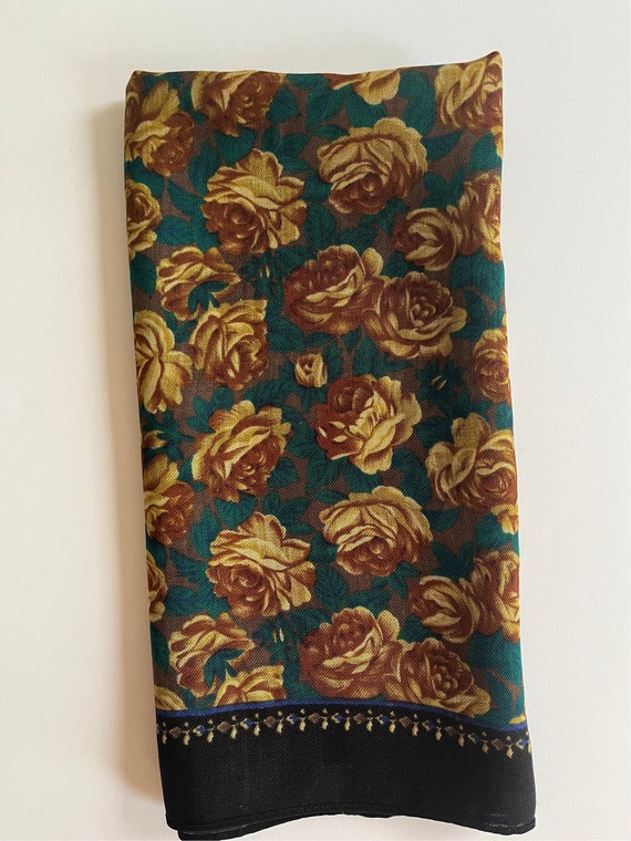 Wool Scarf ROSES Gold Green Brown Black Floral Pa… - image 9