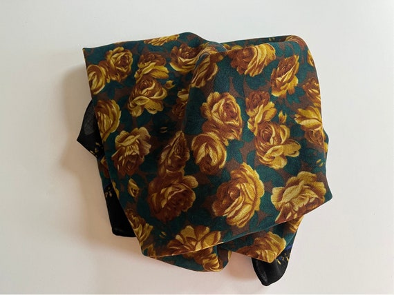 Wool Scarf ROSES Gold Green Brown Black Floral Pa… - image 2