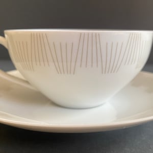 ARZBERG Germany Tea Cup Saucer Set Mid Century Modern Light Gold Pattern Vintage