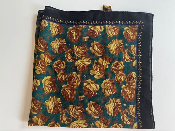 Wool Scarf ROSES Gold Green Brown Black Floral Pa… - image 8