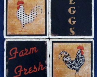 Stone Tile Coasters - Chickens - Set of Four - Home Decor