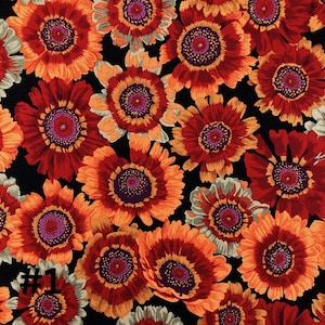 May include: A fabric with a repeating floral pattern. The flowers are in shades of red, orange, and purple, with a black background. The flowers have multiple layers of petals and a detailed center. The number "#1" is in the lower left corner.
