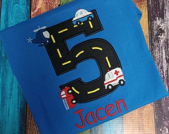 Road transportation Birthday T-shirt.  Machine embroidery and applique road number shirt.  Custom made with your choice of vehicles.