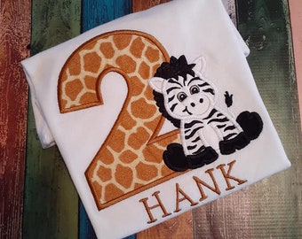 Zebra Birthday Child's T-shirt.  Machine embroidery and application in your choice of colors.  Personalize with child's name and age.