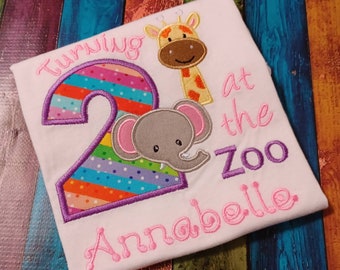 Turning Two at the Zoo Shirt, Birthday Zoo Shirt, Applique Giraffe and Elephant Shirt, Monogram Birthday T-Shirt, Child's shirt,