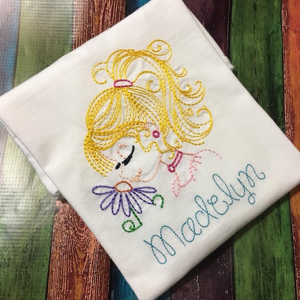 Girl T-Shirt, Embroidery Girl with Ponytail Shirt, Girl with Flower t-Shirt, Child's clothing, Girl's top