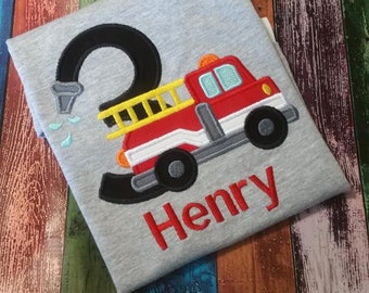 Firetruck birthday, Appliqued t-shirt, embroidery tee, child party shirt, Firefighter Party, Fire Department Tour, Birthday Keepsake
