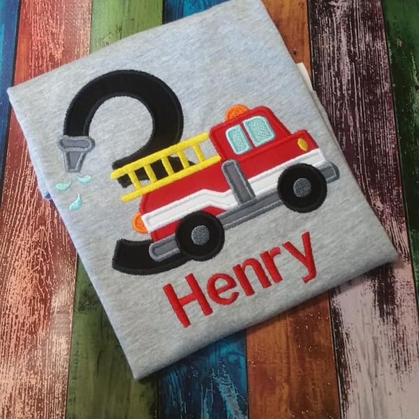 Firetruck birthday, Appliqued t-shirt, embroidery tee, child party shirt, Firefighter Party, Fire Department Tour, Birthday Keepsake