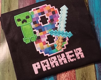Diamond Sword T-Shirt, Video Game Birthday Shirt, Applique Shirt, Embroidery Gamer Shirt, Monogram Shirt, Party Theme Shirt, Green Creeper