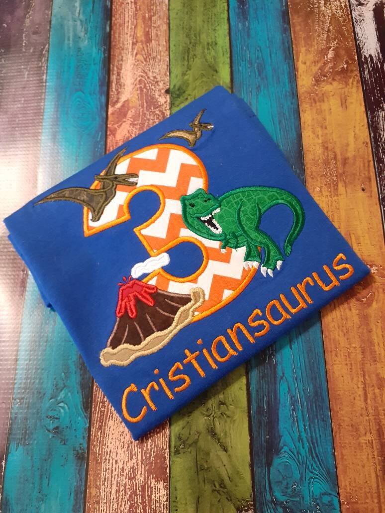 Dinosaur Birthday Shirt, Applique and Embroidery Dino Shirt, Monogrammed T-shirt, Child's Birthday Shirt, Dinosaur Party Shirt