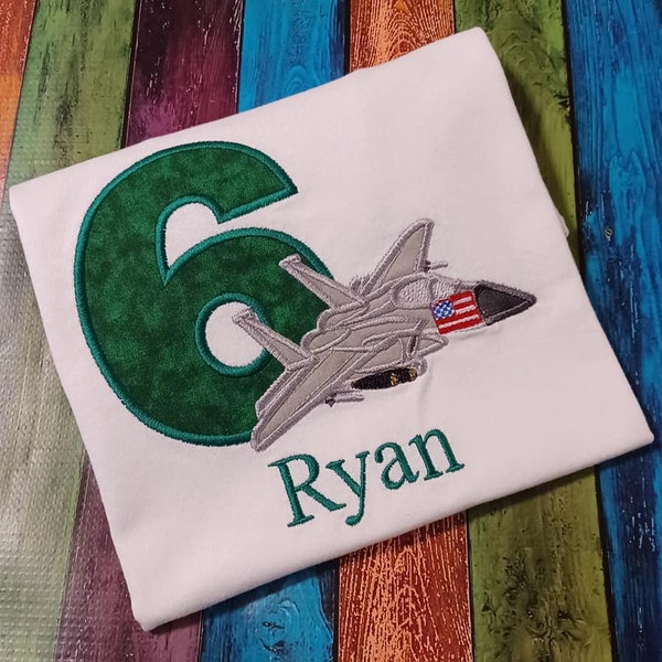 Fighter Jet T-shirt, Applique Shirt, Embroidery Shirt, Military Birthday, Birthday T-shirt, Birthday Party, Airplane Birthday, Child's Gift