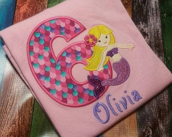 Mermaid Birthday Shirt, appliqued and embroidery, Girl's T-shirt, child's clothing, monogrammed