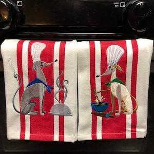 Greyhound Iggy Embroidered Kitchen Tea Towels.  Sold individual or Set of two, two designs.   Dogs can be done in your choice of colors..