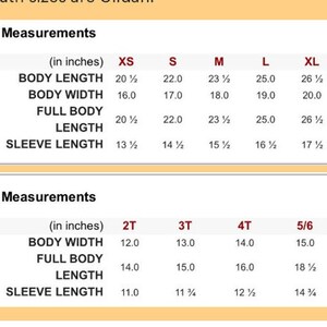 May include: A chart displaying youth size measurements in inches for various sizes, including XS, S, M, L, and XL, as well as 2T, 3T, 4T, and 5/6. The chart details body length, body width, full body length, and sleeve length.
