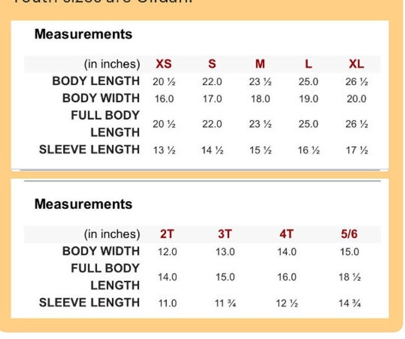 May include: A chart displaying youth size measurements in inches for various sizes, including XS, S, M, L, and XL, as well as 2T, 3T, 4T, and 5/6. The chart details body length, body width, full body length, and sleeve length.