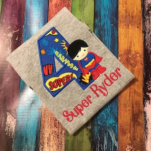 Super Hero Birthday Shirt Monogrammed with name and age.  Boys T-shirt, Appliqued, Embroidered, customized.