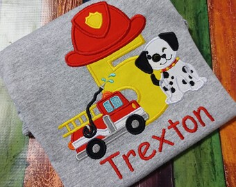 Firefighter Birthday T-shirt.  Machine embroidery and applique t-shirt with firetruck theme birthday party t-shirt.