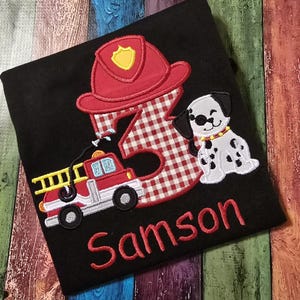Firefighter Birthday T-shirt.  Machine embroidery and applique t-shirt with firetruck theme birthday party t-shirt.