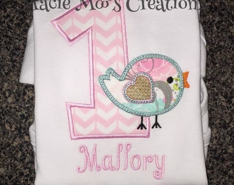 Birdie Appliqued Birthday Shirt, Monogrammed, Girls T-shirt, child's clothing, embroidery