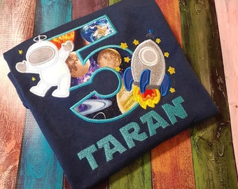 Space Ship Birthday Shirt, Astronaut Birthday Shirt, Applique T-Shirt, Space Birthday T-Shirt, Outer Space Birthday Shirt, Rocket Shirt