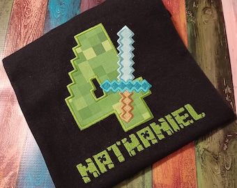 Diamond Sword Birthday T-shirt, Applique Shirt, Birthday Shirt, Gamer Birthday Shirt, Video Game Shirt, Pixel Diamond Sword Shirt, Number
