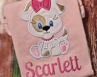 Applique Puppy T-shirt, Child's Puppy Shirt, Sitting Puppy shirt, Monogrammed T-shirt, Embroidery T-shirt, Girl's Puppy Shirt,