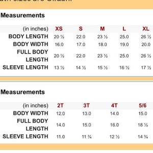 May include: A chart showing measurements in inches for different sizes of clothing. The sizes are XS, S, M, L, XL, 2T, 3T, 4T, and 5/6. The measurements include body length, body width, full body length, and sleeve length.