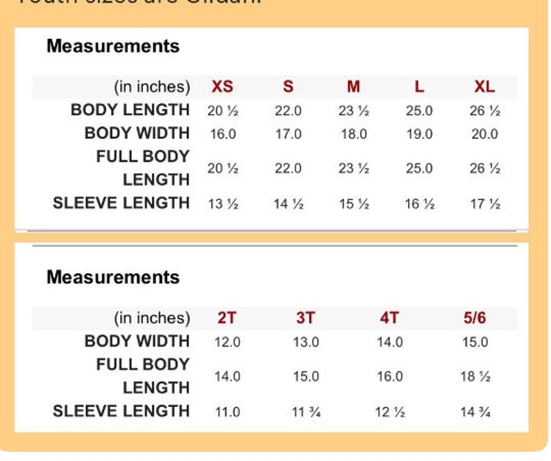 May include: A chart showing measurements in inches for different sizes of clothing. The sizes are XS, S, M, L, XL, 2T, 3T, 4T, and 5/6. The measurements include body length, body width, full body length, and sleeve length.