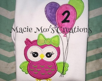 Owl with Balloons Birthday Shirt, Girl Owl Birthday, Applique, Embroidery, Child's T-Shirt, Monogrammed